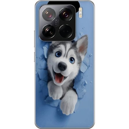 Xiaomi 15 Pro Gennemsigtig cover Sød husky hvalp med store blå øjne, der kigger igennem en brudt mur i blød 3D-stil og skaber et glad og livligt i