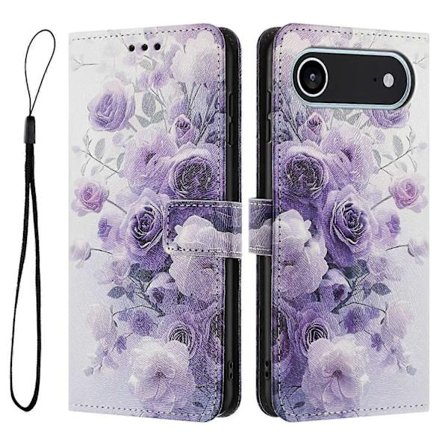 För iPhone 17 Air Plånboksfodral Tryckt PU Läder Telefonfodral med Snodd (Lila Ros)