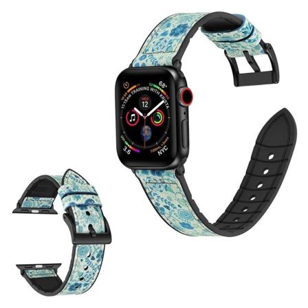 Apple Watch Series 6 / 5 44mm kuvioitu nahkakellon ranneke - Cyan Kukka Kuvio Green