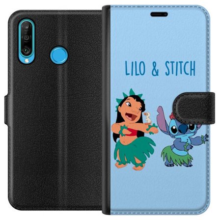 Kompatibel Tegnebogsetui til Huawei P30 lite Farverig illustration af Lilo og Stitch, der danser hula i græsskjorter