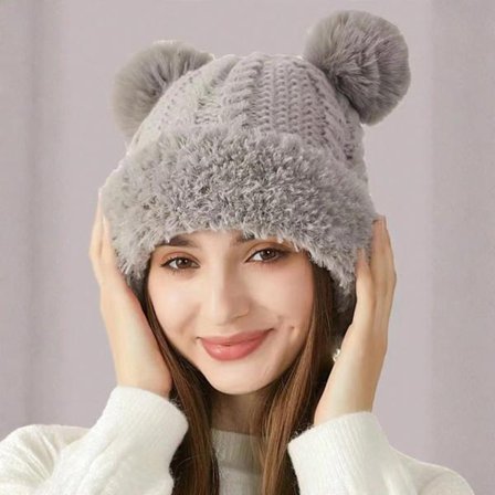 Vinterstrikket hue til kvinder, vindtæt og varm foret hue, sød ørebeskyttende plys vinterhue.