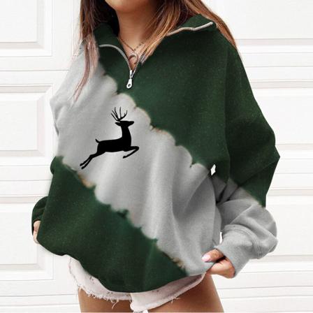 Kvinnor Print T-shirt Dragkedja Color Block Christmas Sweatshirt
