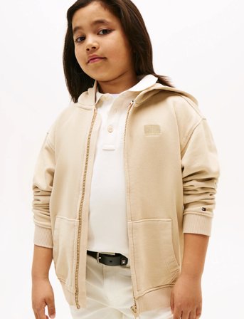 Tommy Hilfiger Tonal Flag Emb Zip Hoodie - Cream - 140