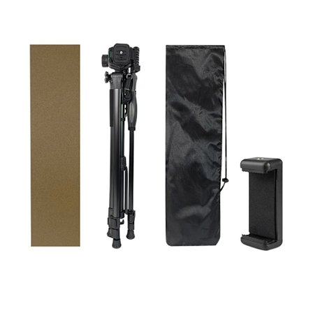 Stativ med Oxfordväska, telefonklämma och läderfodral