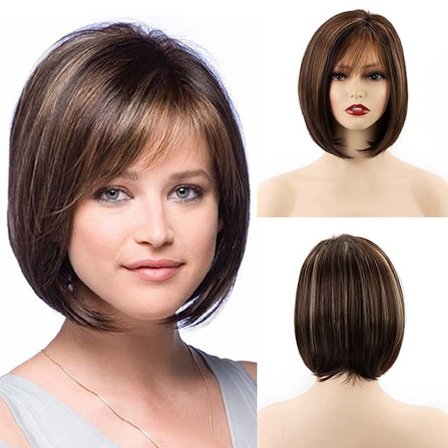 Lyhyt Bob-peruukki naisille, Sekamustainen Blondi Synteettinen Peruukki Ponnareilla