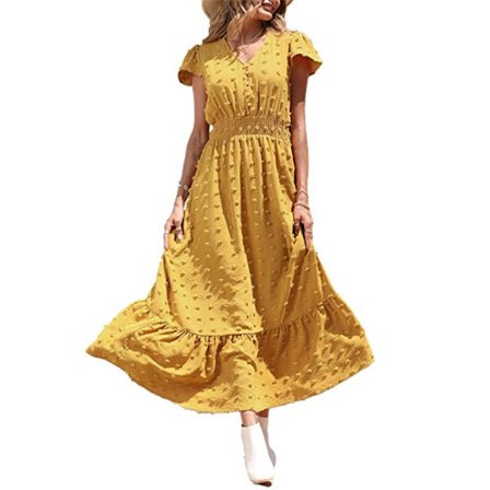 Boho-kjole for kvinner, kort erme, V-hals, sveitsisk prikk, fløyelsbånd, lagdelt maxikjole, S