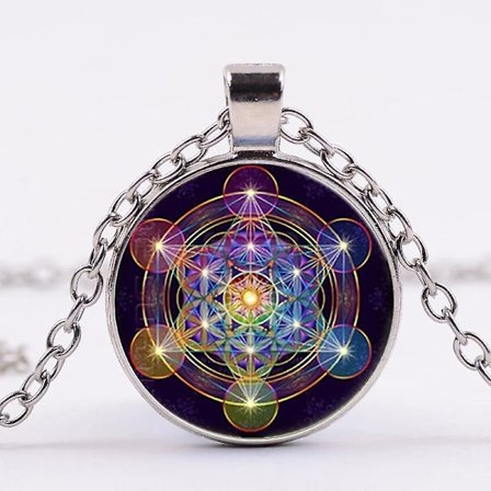 Mystisk Metatron Cube Halsband Sacred Geometry Flower of Life Glashängen Magic Hexagram Choke