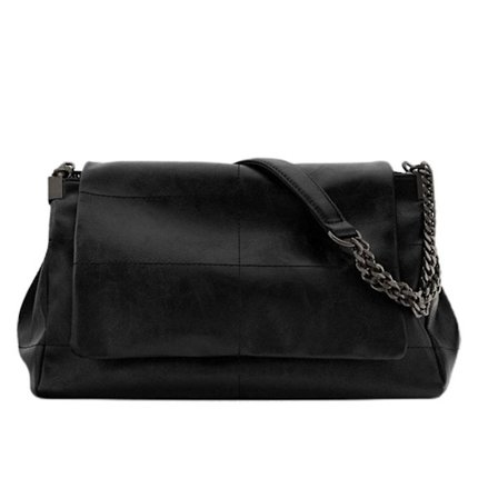 Womens Vintage Black Rock Style Flap Single Shoulder Bag With Chain Strap Faux Leather Luxury Zipper Messenger Handbag Pack Purse