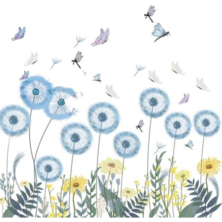 Blå Løvetann Veggklistremerker Sommerfugl Blomster Veggdekor Blå Blomster Veggklistremerker for Stue Soverom