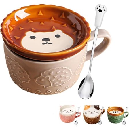 Søt Kawaii Rosa Kattekaffekopp med Lokk, Gave til Jenter, Nyhet Dyrekaffe Keramisk Tekopp Desserttallerken Sett (pinnsvin)