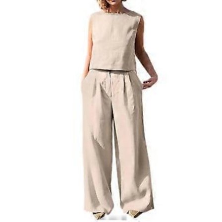Dam Tvådelad Kostym Casual Shopping Mode Enfärgad Ärmlös Rundhalsad Skjorta Lös Bomull Linne Byxor Kostym off white XXL(XXL off white)