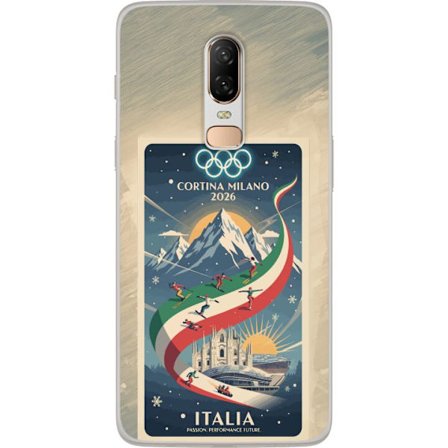 Yhteensopiva Puhelinkuori OnePlus 6 Mäkihyppykuvitus, jossa hiihtäjä tähtää kiväärillä lumisella radalla, teksti Milano Cortina 2026 ja olympialaisten