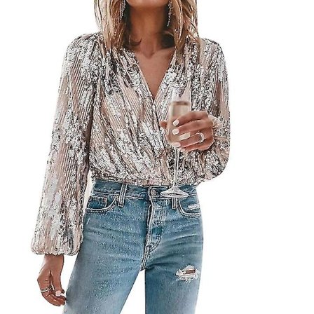 Naisten Sekvensoitu Kiiltävä V-Kaula Pitkähihainen Paita Juhliin