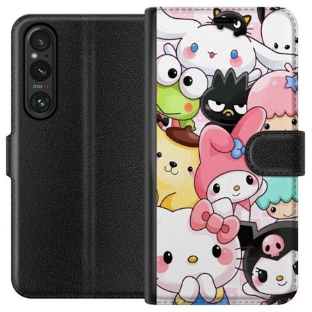 Kompatibelt Lommeboketui til Sony Xperia 1 V Tett mønster av søte figurer med store øyne i ulike farger og uttrykk med LABUBU-tekst