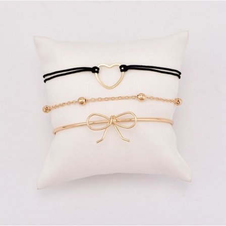 3 st Boho Guld Armband / Bangle med Svart Tråd, Rosett, Hjärta & Kulor