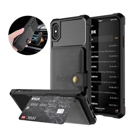 iPhone Xs Max silikonplast mobilskal med snygg syntet läder plånbok - Svart