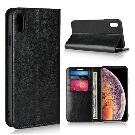 iPhone Xs Max Plånboks mobilfodral av äkta läder med vildhäst textur och kort samt sedel plats - Svart
