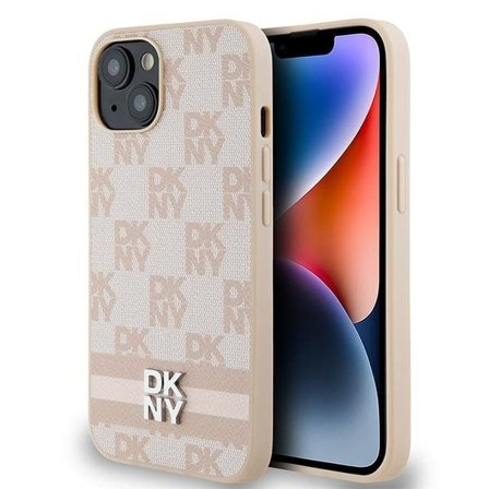 DKNY skinnveske med rutete og striper i skinn til iPhone 15 Plus / 14 Plus - Rosa