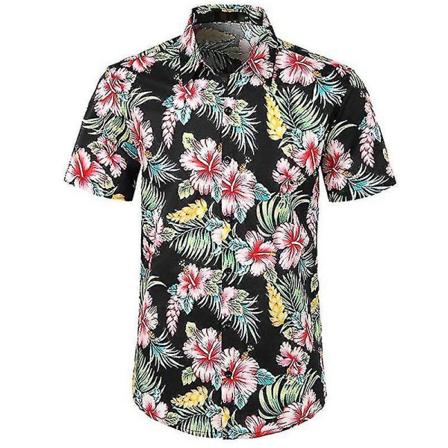 Män Hawaii Beach Shirt Holiday Aloha Summer Casual Kortärmad Button Up Shirts Toppar Black Floral L