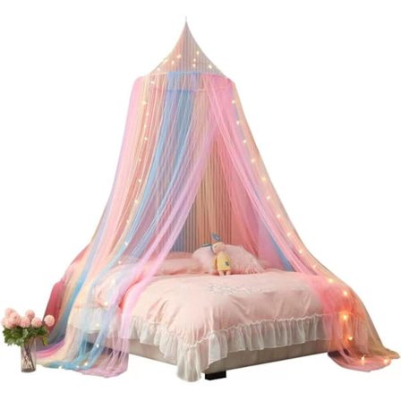 Sengehimmel for jenter, regnbuehimmel for seng, prinsesse myggnett leketelt for barn, hengende sengehette for barneromsdekor (regnbue)