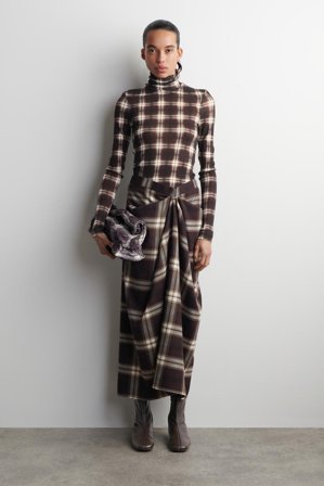 COS Women's Draped Checked Midi Skirt in Brown