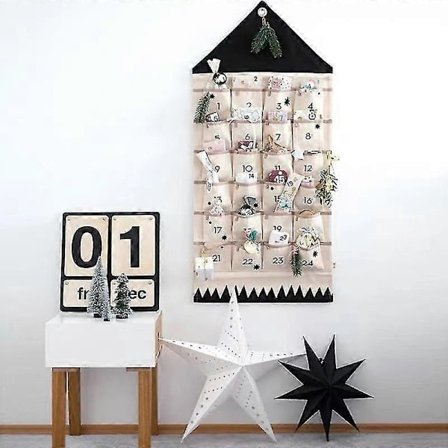 Julekalender med lommer, vegghengt pose for hjemmejul nedtellingsdekorasjon 24 poser (svart)