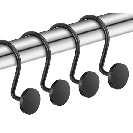 Sorte bruseforhængskroge, 12 stk., metal bruseforhængsringe, moderne dekorativt design.