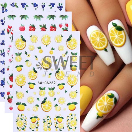 5 Ark Frukt Negleklistremerker - 3D Selvklebende Negleklistremerker Sitron Jordbær Blåbær Mønster Blomst Negledekaler Manikyr Tilbehør