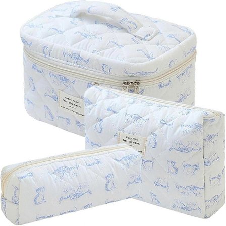 3 stk. Makeup Taske Bomuld Vatteret Rejse Kosmetiktaske Sød Blomstret Makeup Pung Stor Toilet Taske til Kvinder Piger (Sløjfe-Pink)