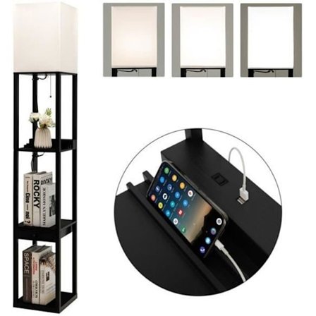 COSTWAY Gulvlampe til stue med 5000K LED-pære lysstyrke på 3 niveauer 1 skuffe og 1 USB-port 3 hylder 26 x 26 x 160 cm