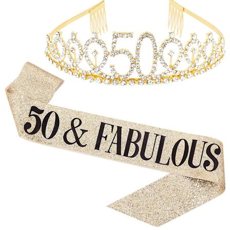 50 och Fantastisk Skärp & Strass Tiara Set - 50-årsdag Skärp 50-årsdagspresenter Festartiklar, guld
