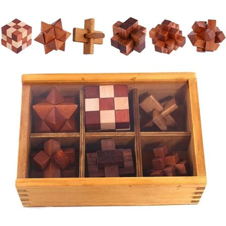 6 Träpussel för hjärnan, Hjärnteaser-spel, 3D IQ-pussel Mi*