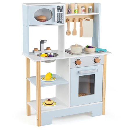 Lasten sininen leikkikeittiö mikroaaltouunilla ja liitutaululla