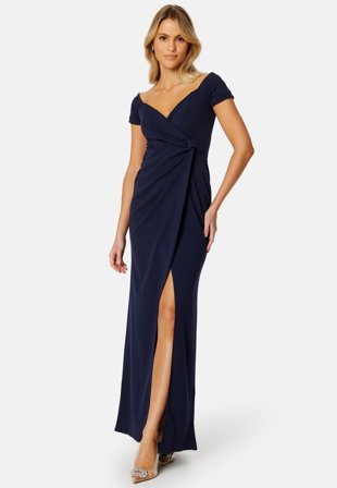 Goddiva Bardot Knot Front Maxi Dress Navy Klær