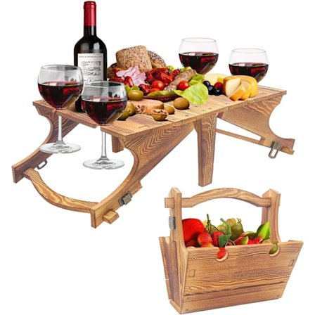 Bærbar Picnic Bord, 2 i 1 Foldbar Træ Picnic Kurv Bord, Vin Bord med 4 Vinglas Holdere, Velegnet til Udendørs Plæne, Strand, Park, Gard
