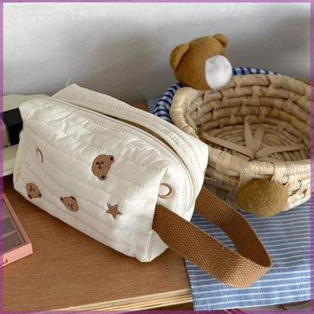 Kosmetiktaske, makeup taske lavet af bomuldsstof, bærbar, sødt bjørnedesign, toilettaske, bjørne- og stjernemønster