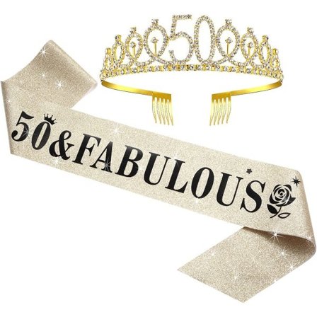 WILLBOND 50-årsdag Sash och Tiara Set för 50 år, 50 & Fabulous Sash och Crown Party Dekorationer (Guld)