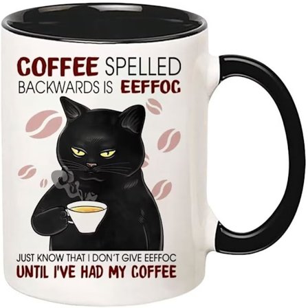 Krus med svarte katter, Kaffe stavet baklengs er Eeffoc krus, Kaffe krus for katteelskere 11oz, Morsomme katte-nyhetsgaver til kvinner og menn, 