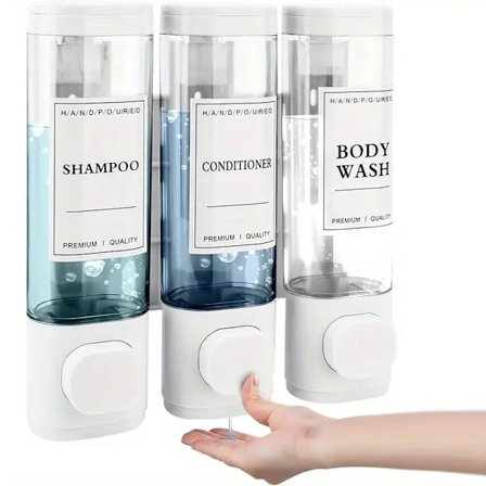 Vægmonteret sæbedispenser, shower gel dispenser, tredobbelt shampoo- og balsamdispenser, ingen boring nødvendig ABS