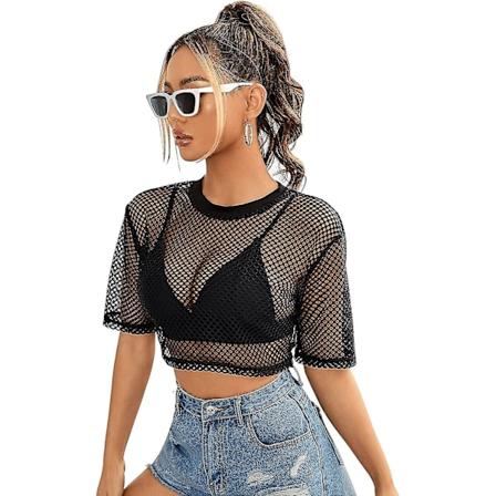 Kvinners Sexy Fishnet Gjennomsiktig Langærmet Bluse Se Gjennom Mesh Crop Top S-3xl xl
