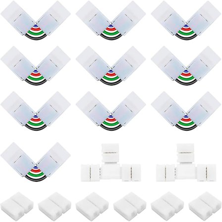 5050 4-polig 10 mm LED-remsanskopplingssats med 6 x 10 mm luckfria kontakter, 10 x 4-poliga vinkeljusterbara L-formade kontakter, 2 x T-formade 