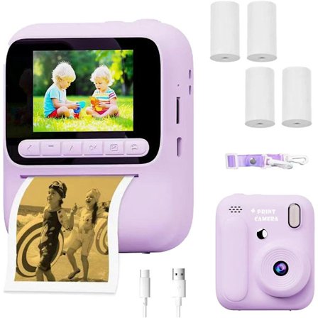 Barnekamera med umiddelbar utskrift, lilla, 2,4-tommers HD-skjerm, 1080p digital selfie med 4 ruller fotopapir, snor, kompatibel med Fujifilm Instax