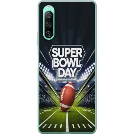Yhteensopiva Puhelinkuori Sony Xperia 10 IV Super Bowl Day juliste, jossa amerikkalainen jalkapallo valaistuksella varustetulla areenalla dramaattises
