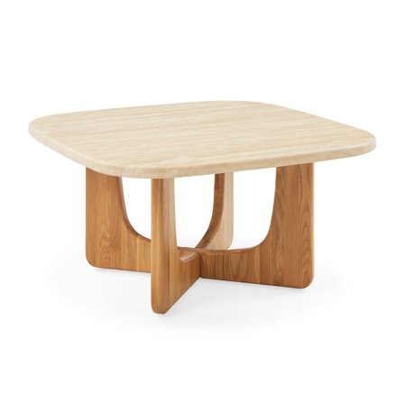 Orion Couchtisch, Eiche/Travertin | 90x90cm Quadratisch Modern Naturfarben Marmoriert Wohnzimmertisch mit Robustem Gestell und Steinplatte