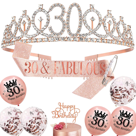 Födelsedagsballonger Set gnistrande strass tiara och skärp med tårta för kvinnor