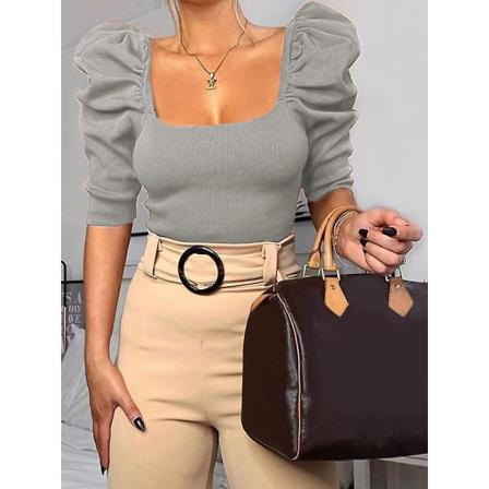 Sexig rygglös T-shirt för kvinnor Svart puffärm Visa navel Halvärm Spring Streewear Topp Kvinnlig Kort T-shirt Ny Grey XL