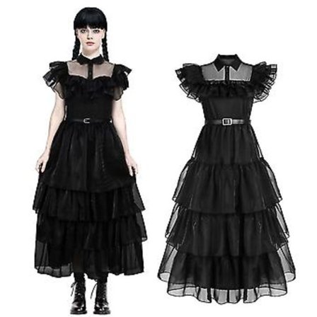 Kvinners Wednesday Addams Kostyme Halloween Karneval Cosplay Festlig Antrekk Voksen Gotisk Mesh Dansende Kjole (2XL Kjole)
