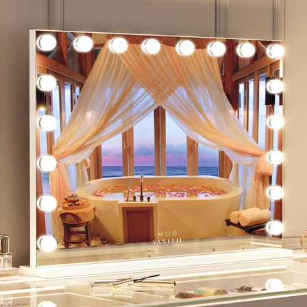 FENCHILIN Stort Kosmetik Spejl med Lys 18 LED Pærer USB Bordplade Vægmontering Hvidt Spejl 80 x 58cm