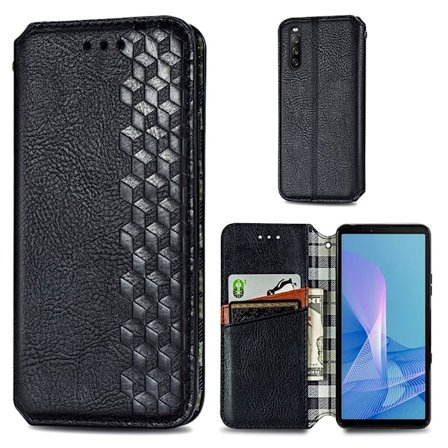 Læder Etui med A Stil Rhombus Imprint til Sony Xperia 10 Iii - Sort