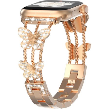 Armband kompatibel med Apple Watch för kvinnor, glittrande fjärilsdesign, fashion metall bling rostfritt stål länkarmband, ersättningsband